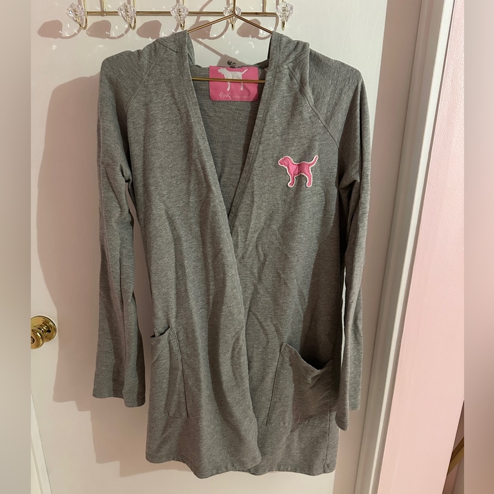 VINTAGE VICTORIAS SECRET PINK 100%COTTON GREY HOODED ROBE - Picture 2 of 16